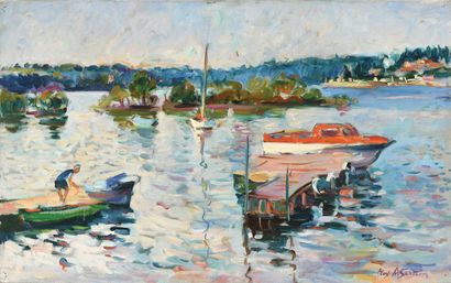 null Max AGOSTINI (1914-1997) Bateaux au ponton sur la rivière Huile sur toile. Signée...