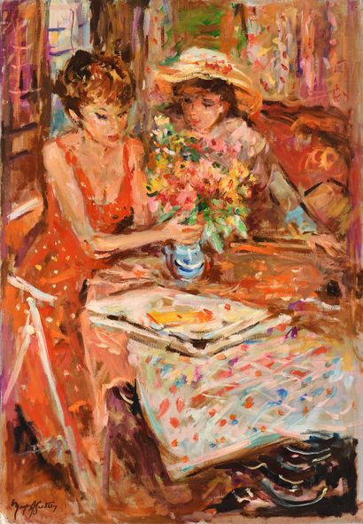 null Max AGOSTINI (1914-1997) Deux jeunes femmes arrangeant un bouquet de fleurs...