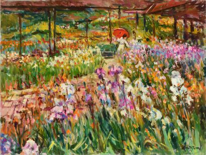 null Max AGOSTINI (1914-1997) Floralies d iris à Vincennes, 1988 Huile sur toile....