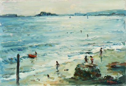 null Max AGOSTINI (1914-1997) Contre-jour sur la plage de La Ciotat Huile sur toile....