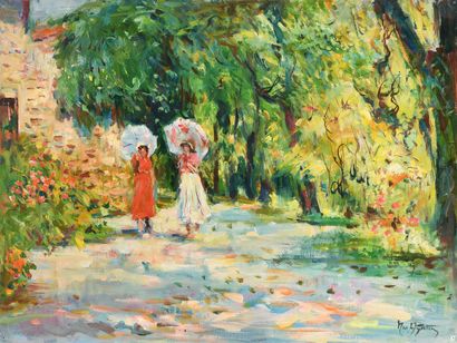 null Max AGOSTINI (1914-1997) Deux femmes aux ombrelles Huile sur toile. Signée en...