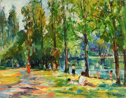 null Max AGOSTINI (1914-1997) Détente au bord de l étang Huile sur toile. Signée...