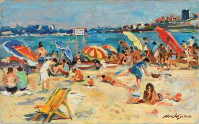 null Max AGOSTINI (1914-1997) La plage à Marseille Huile sur toile. Signée en bas...