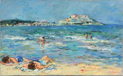 null Max AGOSTINI (1914-1997) Baigneuses étendues sur la plage, Corse Huile sur toile....