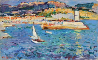 null Max AGOSTINI (1914-1997) Voiliers devant le port de Cassis Huile sur toile....