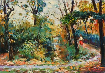 null Max AGOSTINI (1914-1997) Promeneuse sur un chemin en automne Huile sur toile....
