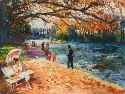null Max AGOSTINI (1914-1997) Jeune femme sur banc en bord de Seine Huile sur toile....