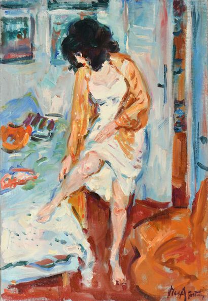 null Max AGOSTINI (1914-1997) Janet en déshabillé jaune dans la chambre Huile sur...