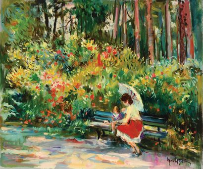 null Max AGOSTINI (1914-1997) Young mother and daughter on a bench Oil on canvas....
