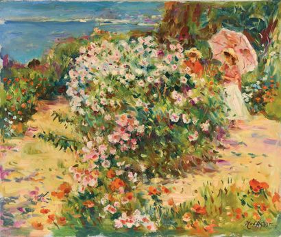 null Max AGOSTINI (1914-1997) Massif d hibiscus Huile sur toile. Signée en bas à...