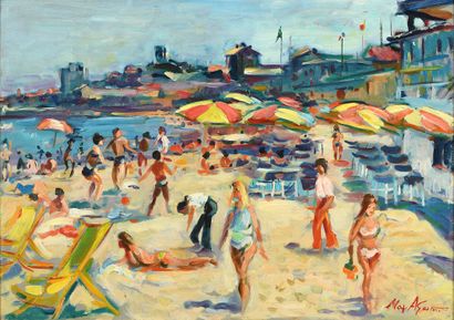 null Max AGOSTINI (1914-1997) Les parasols jaune et rouge sur la plage Huile sur...