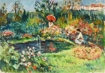 null Max AGOSTINI (1914-1997) Au bord du bassin fleuri Huile sur toile. Signée en...