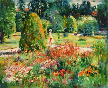 null Max AGOSTINI (1914-1997) Stroller at the bend of a topiary in the park Oil on...