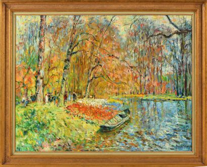 null Max AGOSTINI (1914-1997) Barque sur un étang en Hollande, 1995 Huile sur toile....