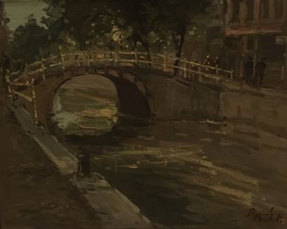 null Roland OUDOT (1897-1981) Le pont en Hollande Huile sur toile. Signée en bas...