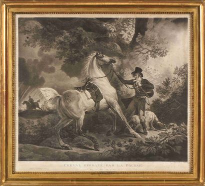 null Pair of engravings after VERNET Horse frightened by lightning Strayed hunter...