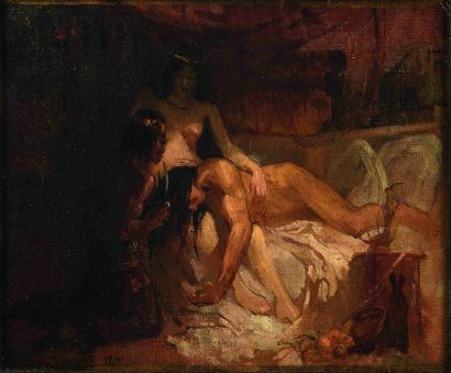 null Pierre GOURDAULT (1880-1915) Samson and Delilah Oil on canvas mounted on panel....