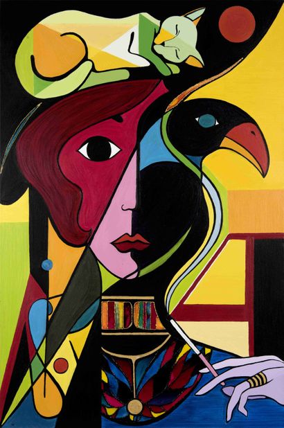 null Arnaud ASKOY (Né en 1970) 
La femme, le chat & l'oiseau 
Huile sur toile. 
120...
