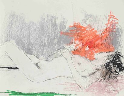 null Jean JANSEM (1920-2013) Nu fond rouge, 1995 Crayon, fusain et pastel sur papier....