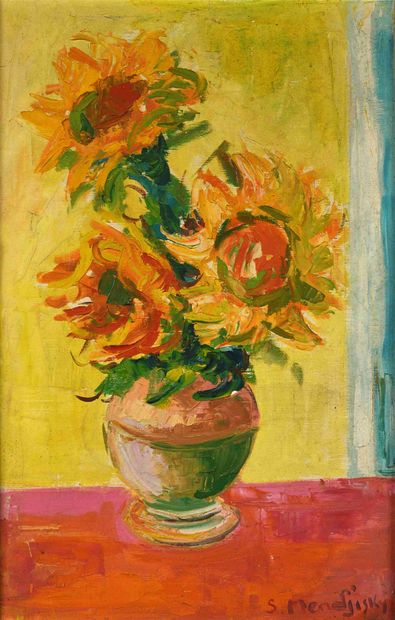 null Serge MENDJISKY (1929-2017) Vase de fleurs Huile sur toile. Signée en bas à...