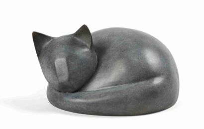 null Marnie DROMAIN (Born in 1946) Happy cat Bronze with grey patina. Signed, numbered...