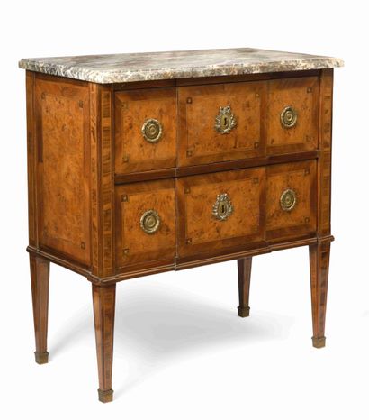 null Rectangular chest of drawers in burr veneer in rosewood frames and marquetry...