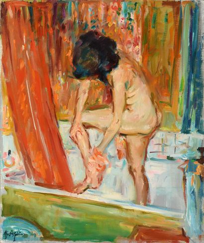null Max AGOSTINI (1914-1997) Young Woman in the Bath Oil on canvas. Signed lower...