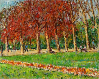 null Max AGOSTINI (1914-1997) The petanque players under the red trees Oil on canvas....