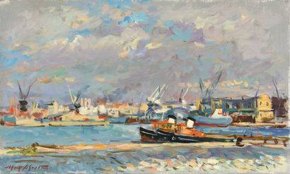 null Max AGOSTINI (1914-1997) Le port, Sud de la France Huile sur toile. Signée en...