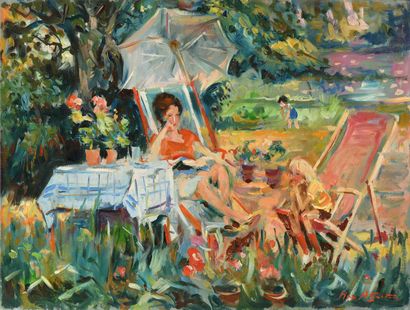 null Max AGOSTINI (1914-1997) Mother and child in the deck chairs in the garden Oil...