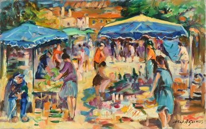 null Max AGOSTINI (1914-1997) Le marché en Provence Huile sur toile. Signée en bas...