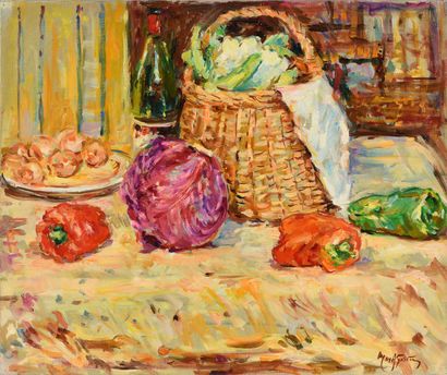 null Max AGOSTINI (1914-1997) Still Life with Red Cabbage and Peppers, 1985 Oil on...