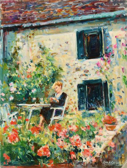 null Max AGOSTINI (1914-1997) Pierrette in the garden Oil on canvas. Signed lower...