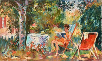 null Max AGOSTINI (1914-1997) Reading in the garden Oil on canvas. Signed lower left....
