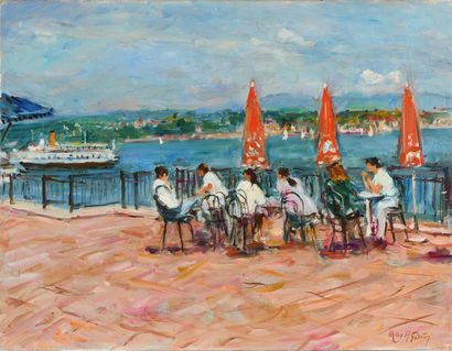 null Max AGOSTINI (1914-1997) La terrasse au bord du lac Léman Huile sur toile. Signée...