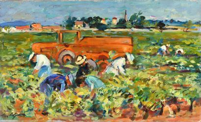 null Max AGOSTINI (1914-1997) La récolte du raisin Huile sur toile. Signée en bas...
