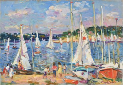 null Max AGOSTINI (1914-1997) The launching of the sailboats on the lake of Eguzon...