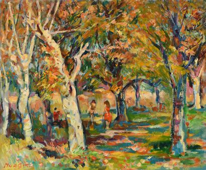 null Max AGOSTINI (1914-1997) Walkers in a Wood in Autumn Oil on canvas. Signed lower...
