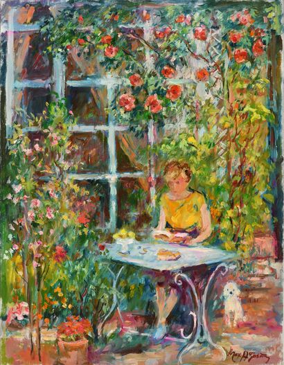 null Max AGOSTINI (1914-1997) Young woman reading with her little dog under the rosebush...