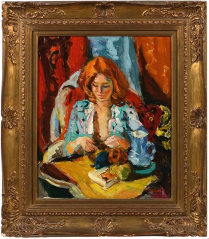 null Pierre CORNU (1895-1996) Janet au rideau rouge Huile sur toile signée en bas...