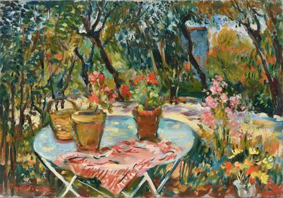 null Max AGOSTINI (1914-1997) Pots de géraniums au jardin Huile sur toile. Signée...