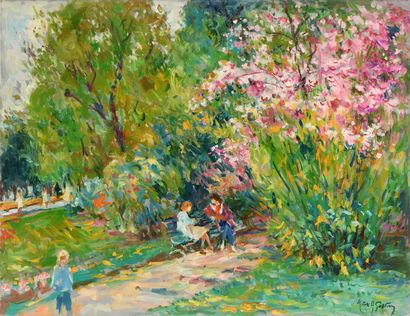 null Max AGOSTINI (1914-1997) Conversation sur un banc devant les arbres en fleur...