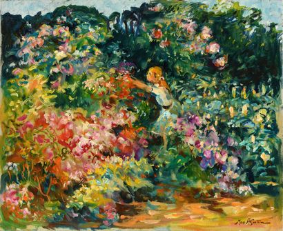 null Max AGOSTINI (1914-1997) Petit fille cueillant des fleurs Huile sur toile Signée...