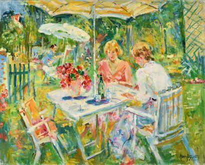 null Max AGOSTINI (1914-1997) Deux femmes sous un parasol Huile sur toile. Signée...