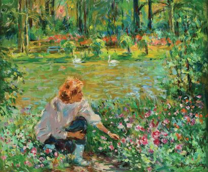 null Max AGOSTINI (1914-1997) Young woman and two swans by the lake Oil on canvas...