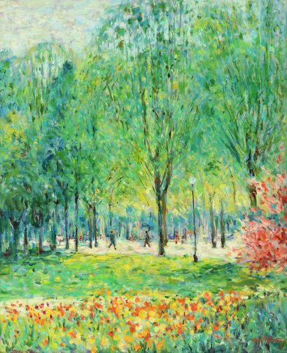 null Max AGOSTINI (1914-1997) Stroller in the gardens of the Champs-Elysées Oil on...