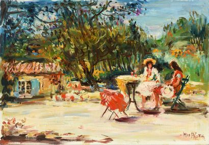 null Max AGOSTINI (1914-1997) Two young girls sitting in front of the farm in Provence...