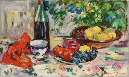 null Max AGOSTINI (1914-1997) Still life with a bottle of wine and a blue egg cup...