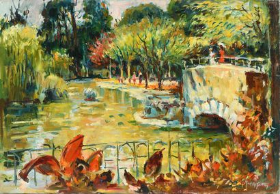 null Max AGOSTINI (1914-1997) Le pont sur le petit lac Huile sur toile. Signée en...