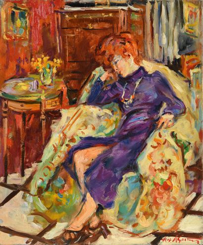 null Max AGOSTINI (1914-1997) Janet with a purple dress Oil on canvas. Signed lower...